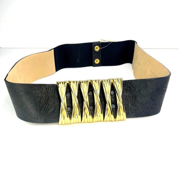 Streets Ahead Black Leather Gold Hardware Waist Belt Statement Elastic Large - Picture 2 of 9